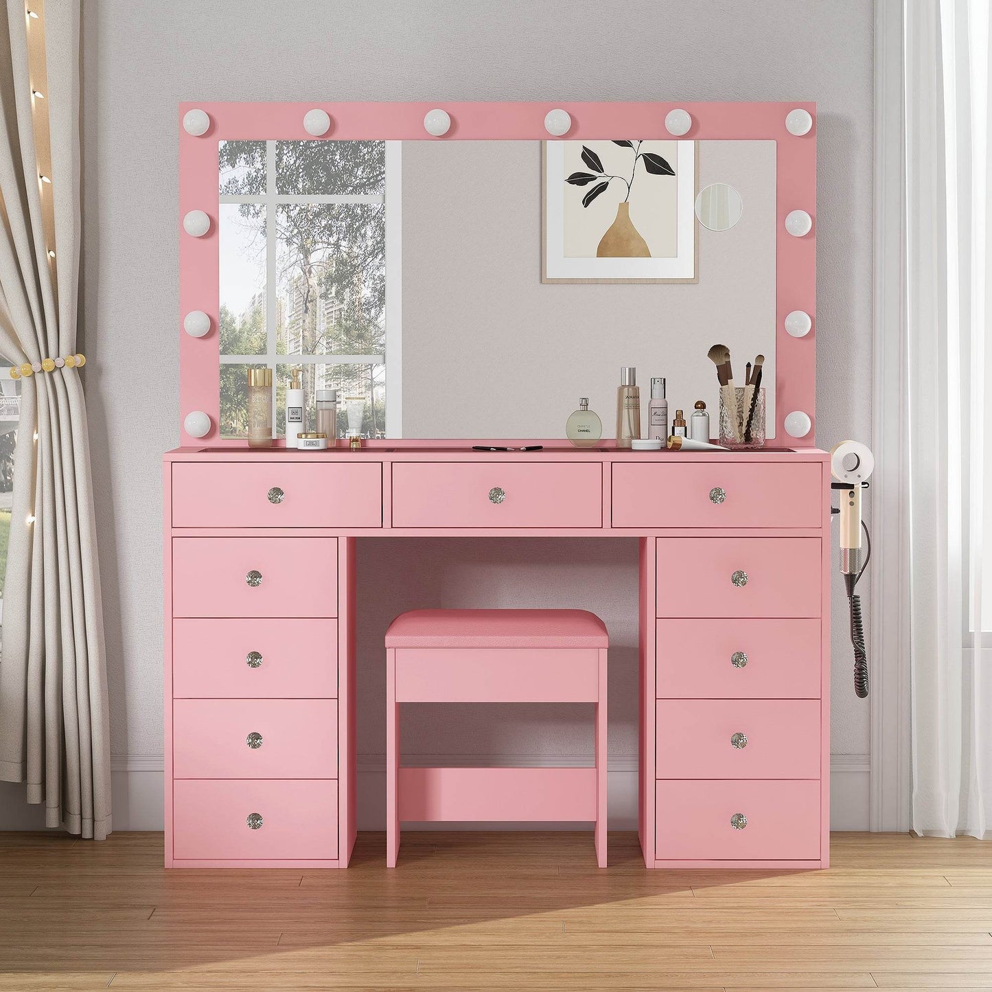 Yanosaku VD003 Bedroom Makeup Vanity desk with LED Mirror, 11 Drawers - Loft&Timber