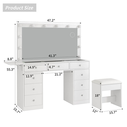 Yanosaku VD007 Bedroom Makeup Vanity desk with LED Mirror, 9 Drawers - Loft&Timber