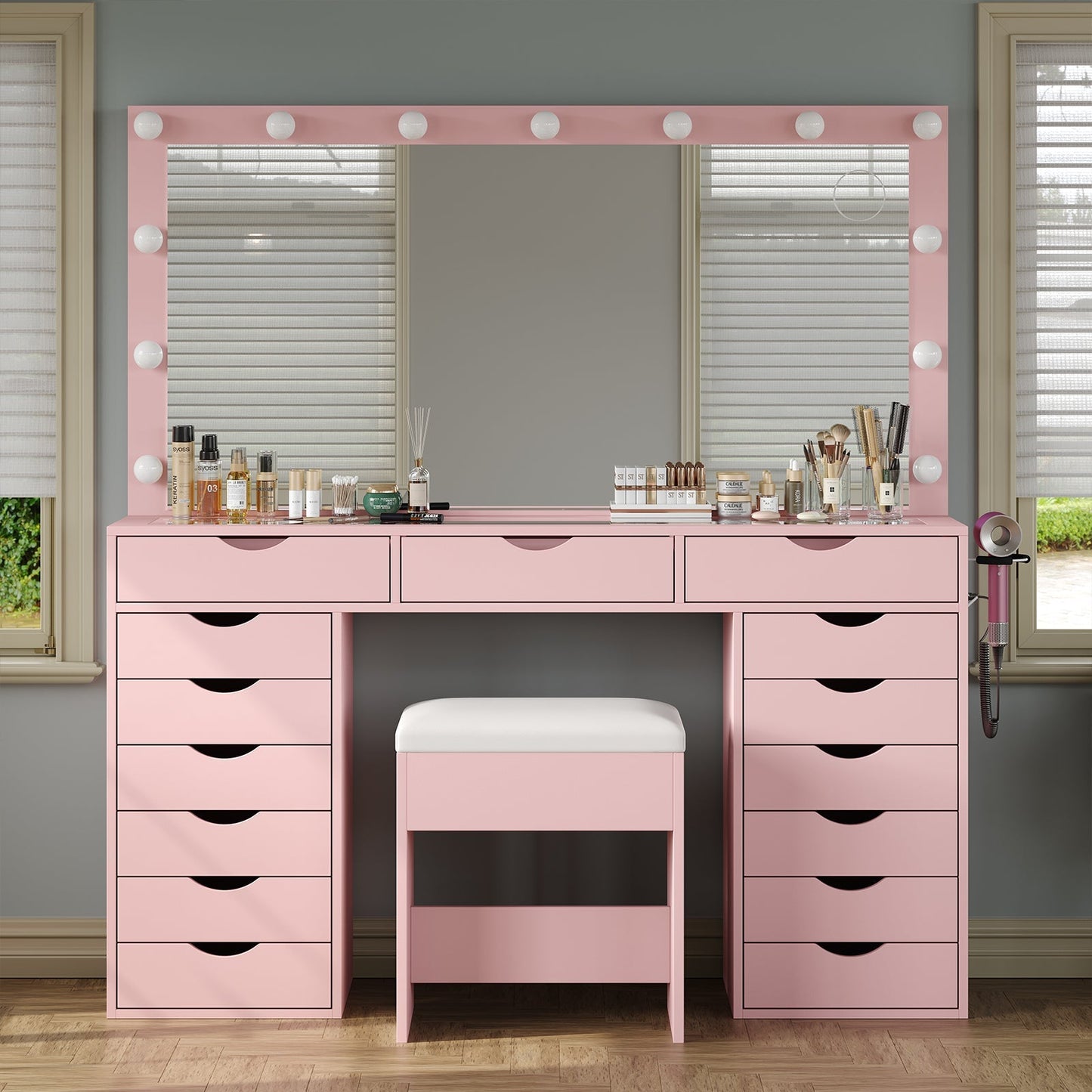 Yanosaku VD008 Bedroom Makeup Vanity desk with LED Mirro, 15 Drawers-5