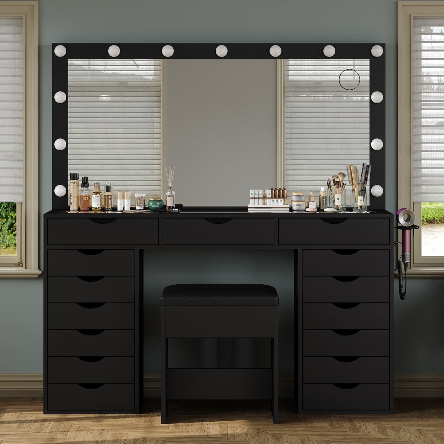 Yanosaku VD008 Bedroom Makeup Vanity desk with LED Mirro, 15 Drawers-6