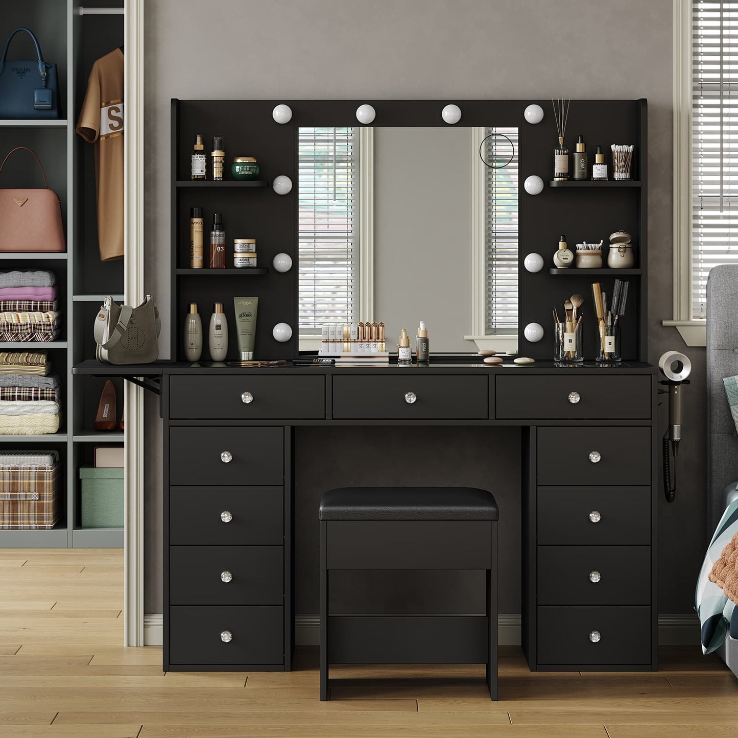 Yanosaku VD010 Bedroom Makeup Vanity desk with LED MirrorLED Mirror, 9 Drawers-5