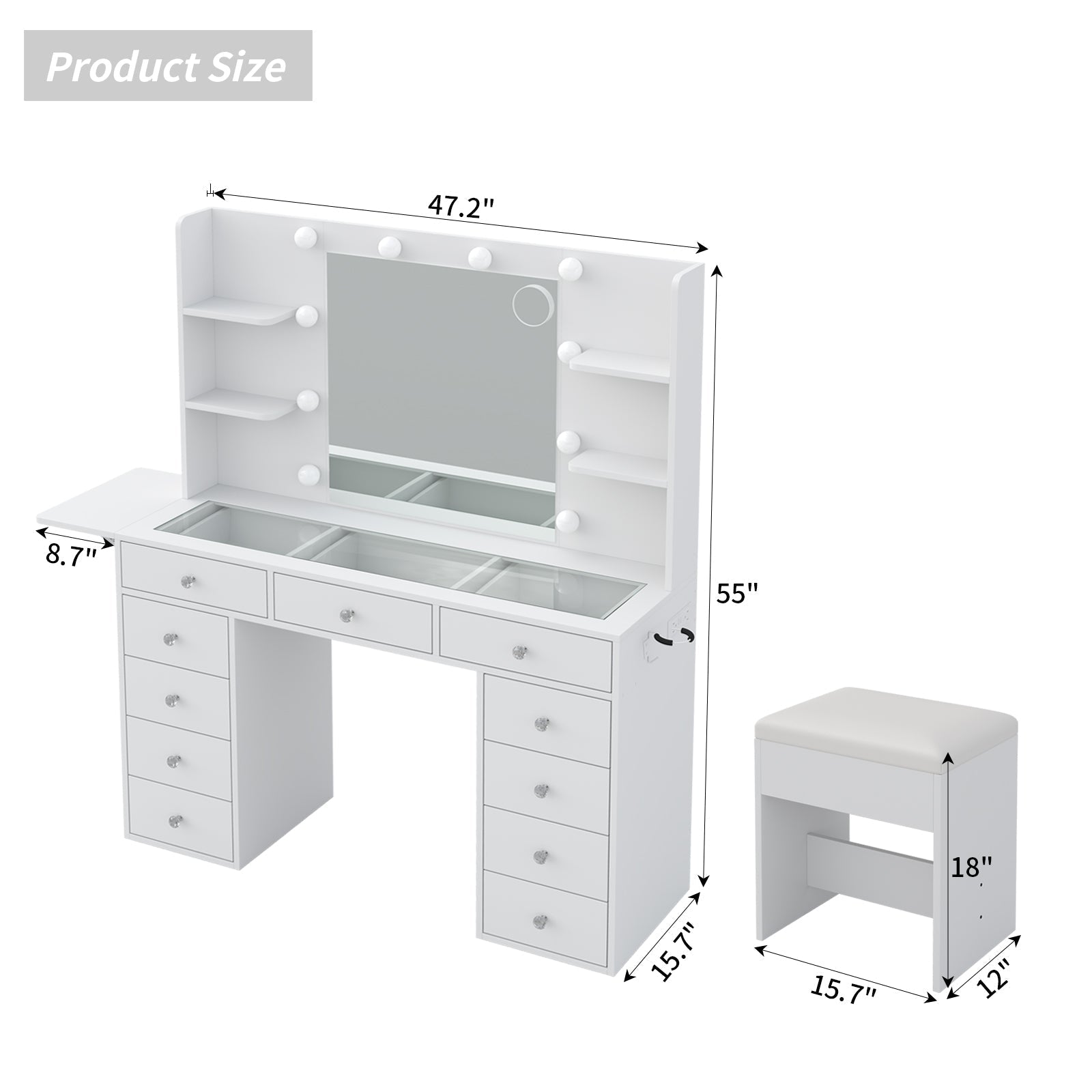 Yanosaku VD010 Bedroom Makeup Vanity desk with LED MirrorLED Mirror, 9 Drawers-1