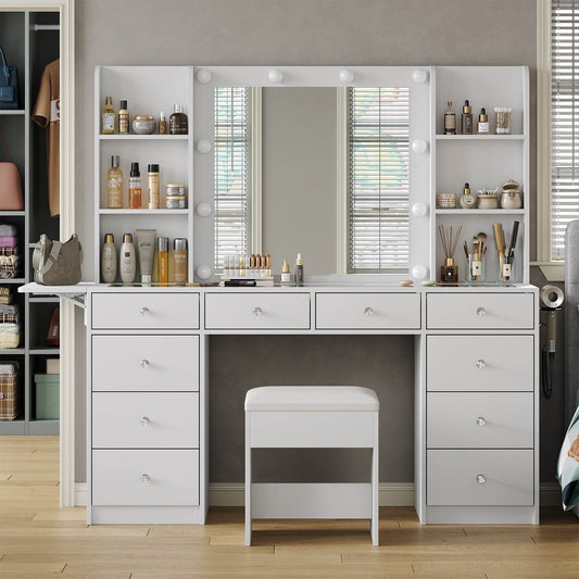 Yanosaku VD011 Bedroom Makeup Vanity desk with LED Mirror, 11 Drawers - Loft&Timber