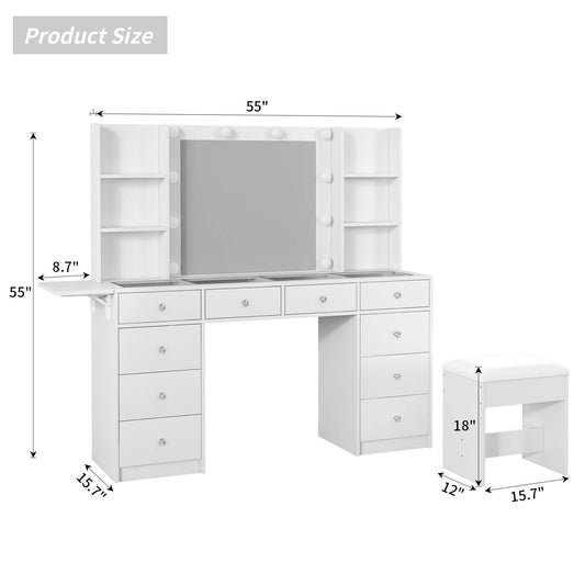 Yanosaku VD011 Bedroom Makeup Vanity desk with LED Mirror, 11 Drawers - Loft&Timber