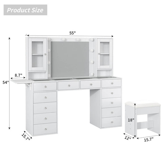 Yanosaku VD012 Bedroom Makeup Vanity desk with LED Mirror, 12 Drawers - Loft&Timber