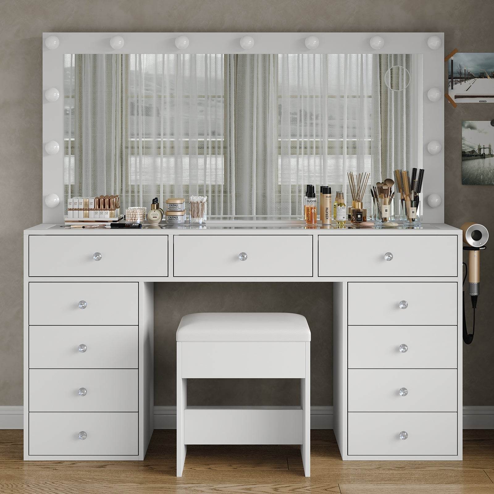Yanosaku VD015 Bedroom Makeup Vanity desk with LED Mirror, 11 Drawers - Loft&Timber
