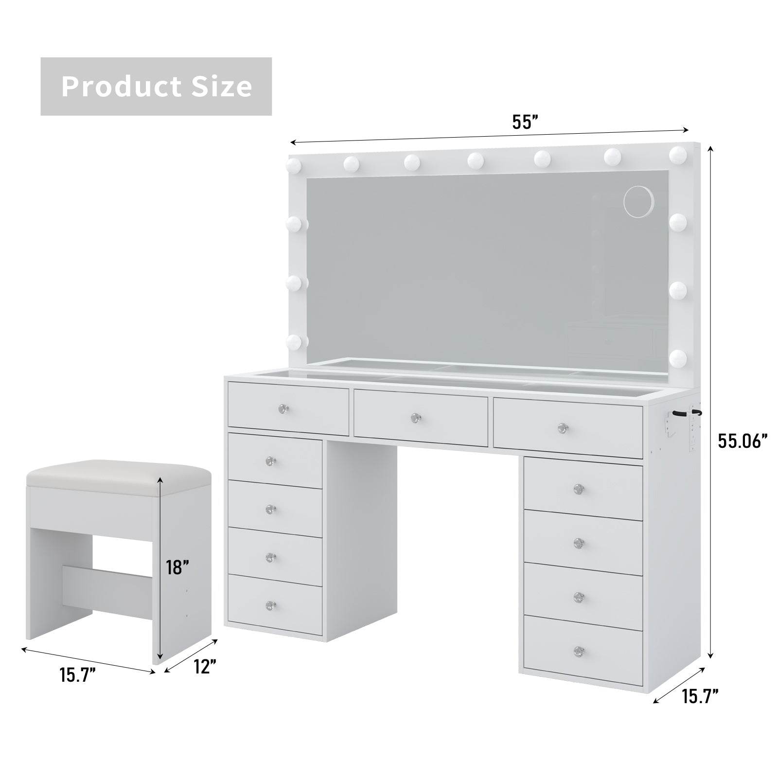 Yanosaku VD015 Bedroom Makeup Vanity desk with LED Mirror, 11 Drawers - Loft&Timber