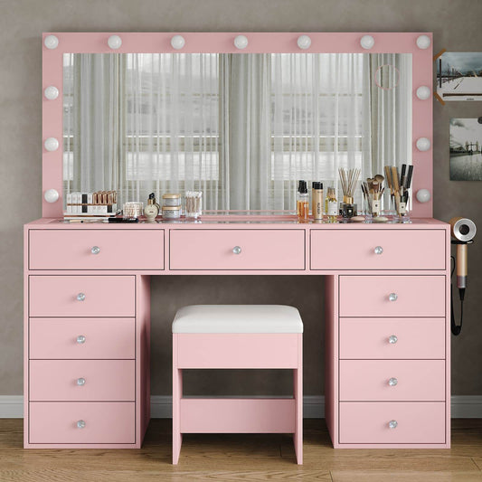 Yanosaku VD015 Bedroom Makeup Vanity desk with LED Mirror, 11 Drawers - Loft&Timber