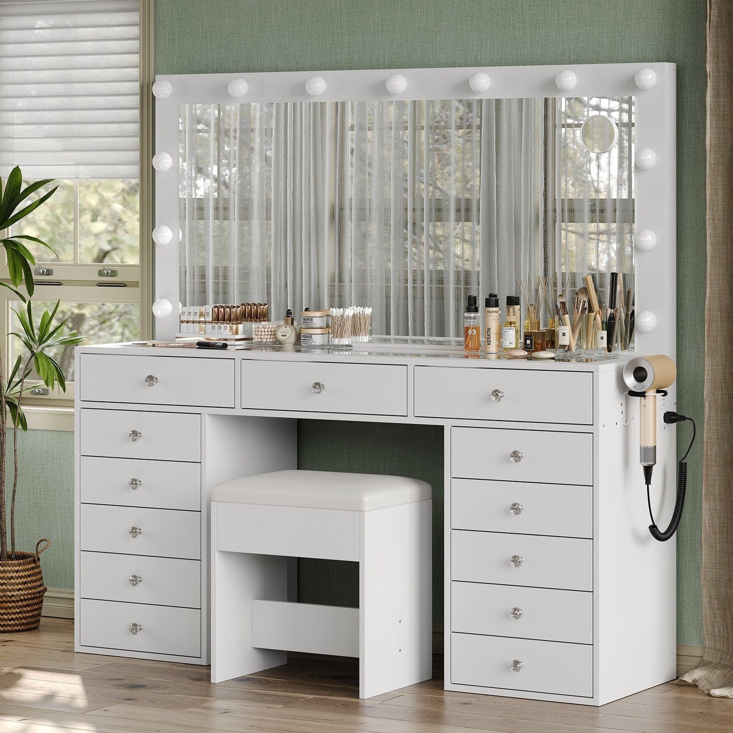 Yanosaku VD016 Bedroom Makeup Vanity desk with LED Mirror, 13 Drawers-2