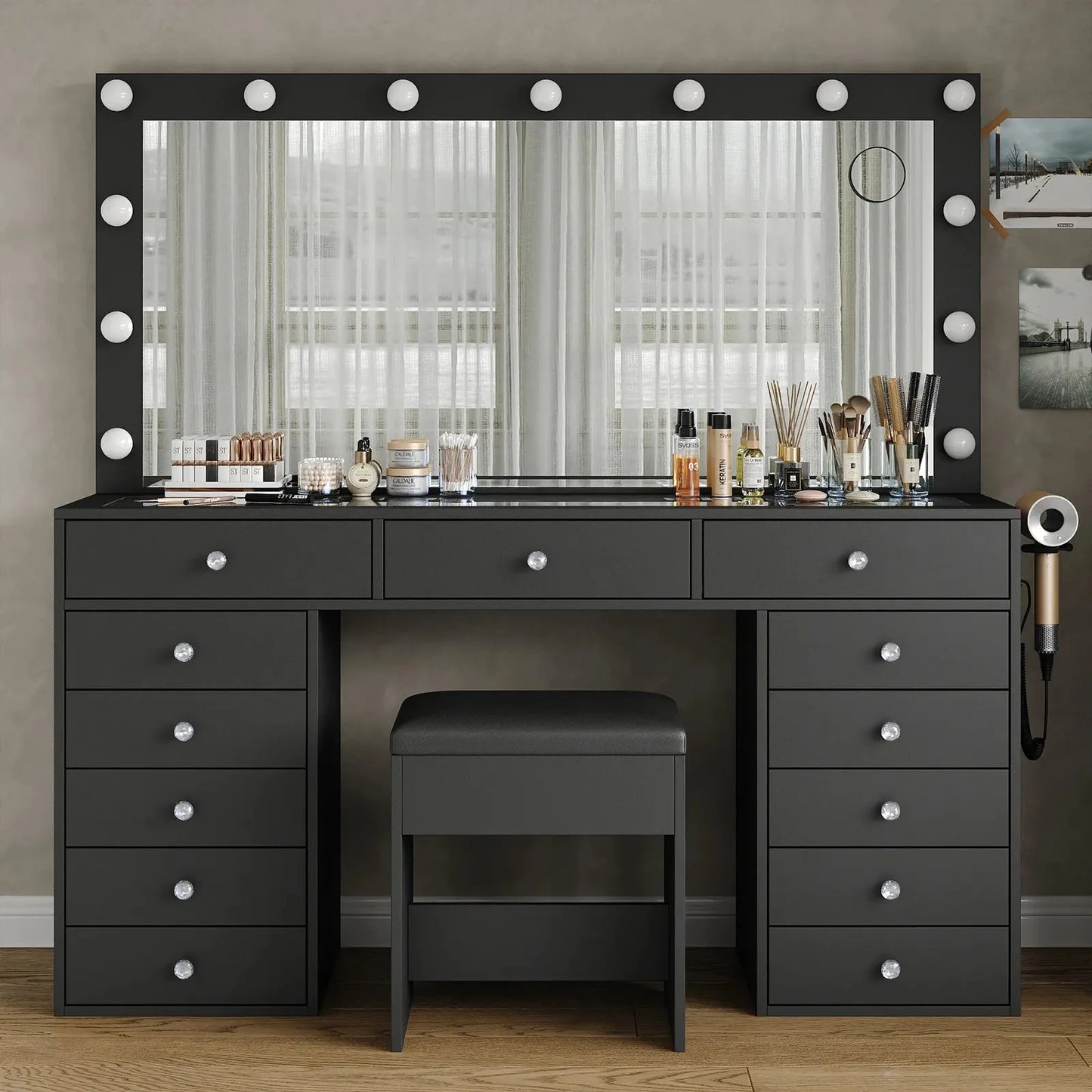Yanosaku VD016 Bedroom Makeup Vanity desk with LED Mirror, 13 Drawers-6