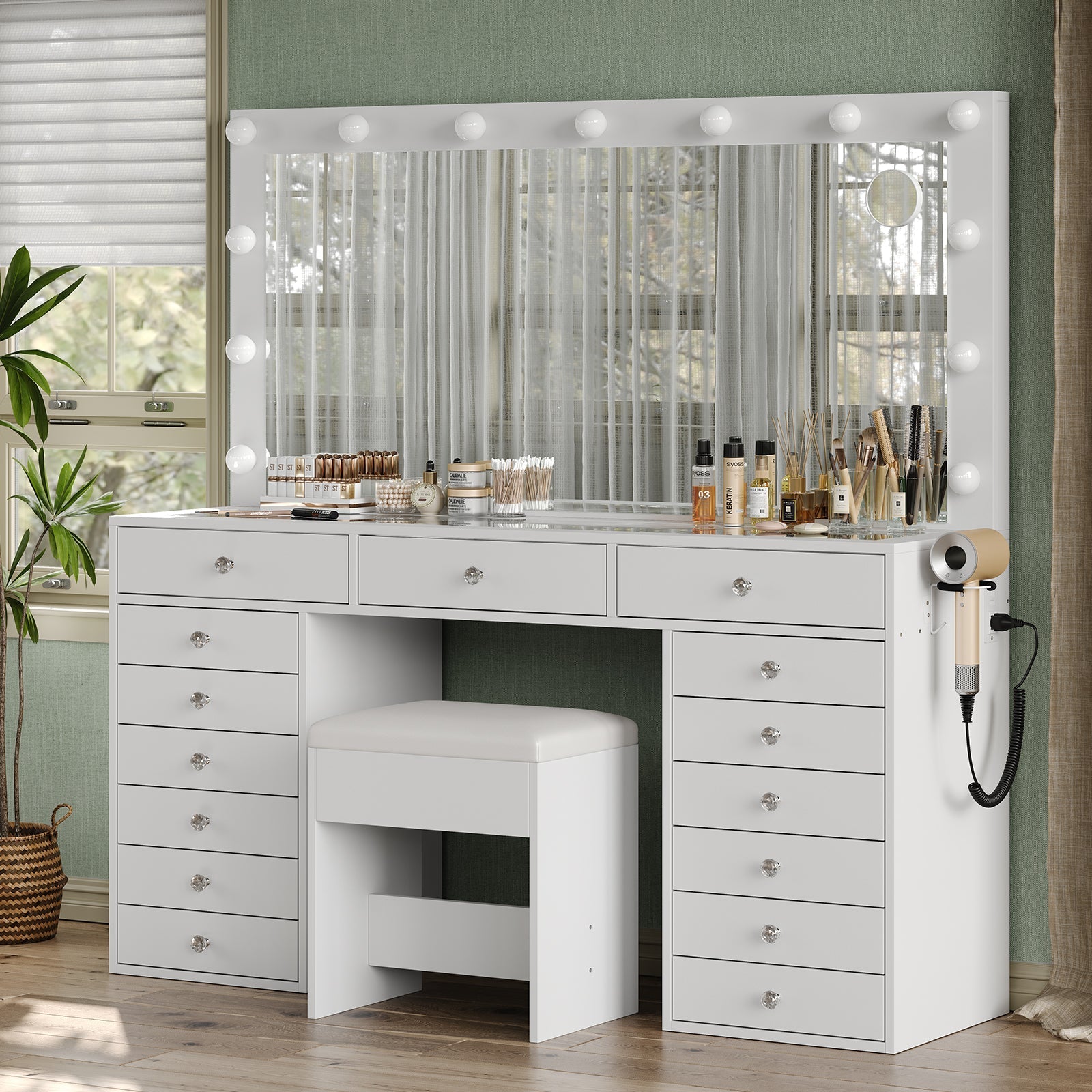 Yanosaku VD017 Bedroom Makeup Vanity desk with LED Mirror, 15 Drawers-2