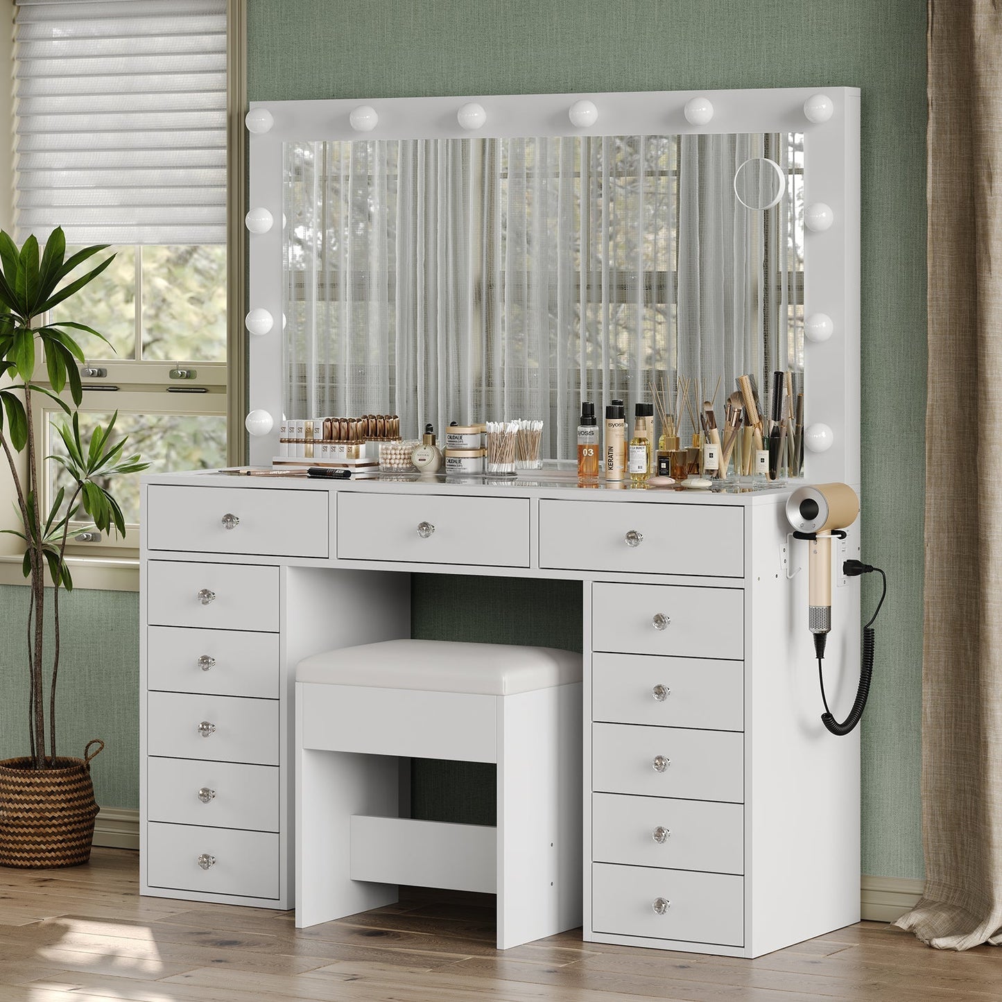 Yanosaku VD018 Bedroom Makeup Vanity desk with LED Mirror, 13 Drawers-2