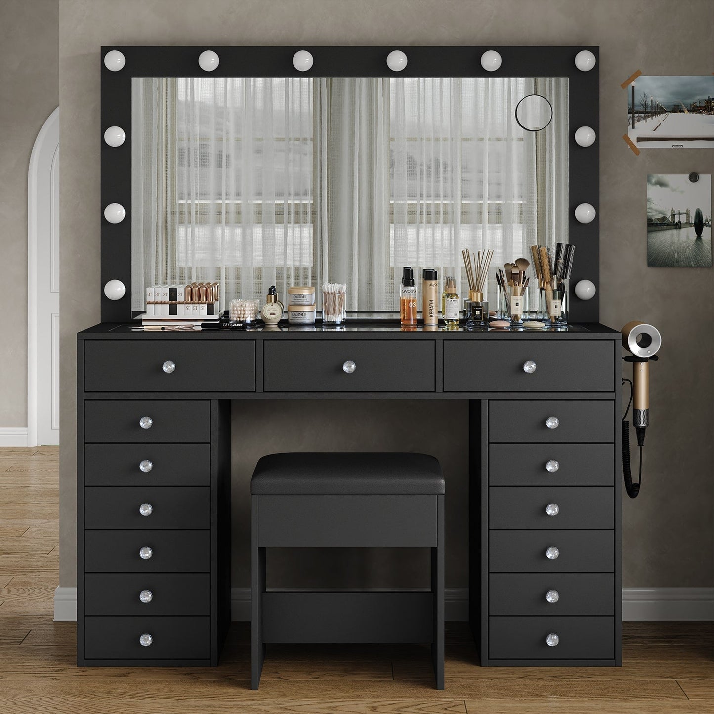 Yanosaku VD019 Bedroom Makeup Vanity desk with LED Mirror, 15 Drawers-7