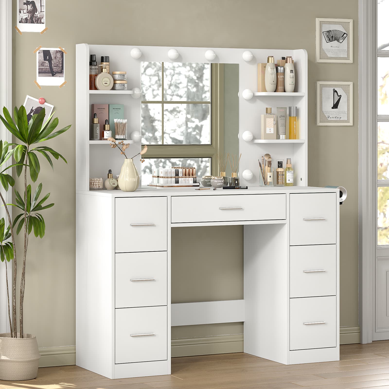 Yanosaku VD024 Vanity Desk with Mirror, LED Lights & Charging Station, 7 Drawers Storage-3