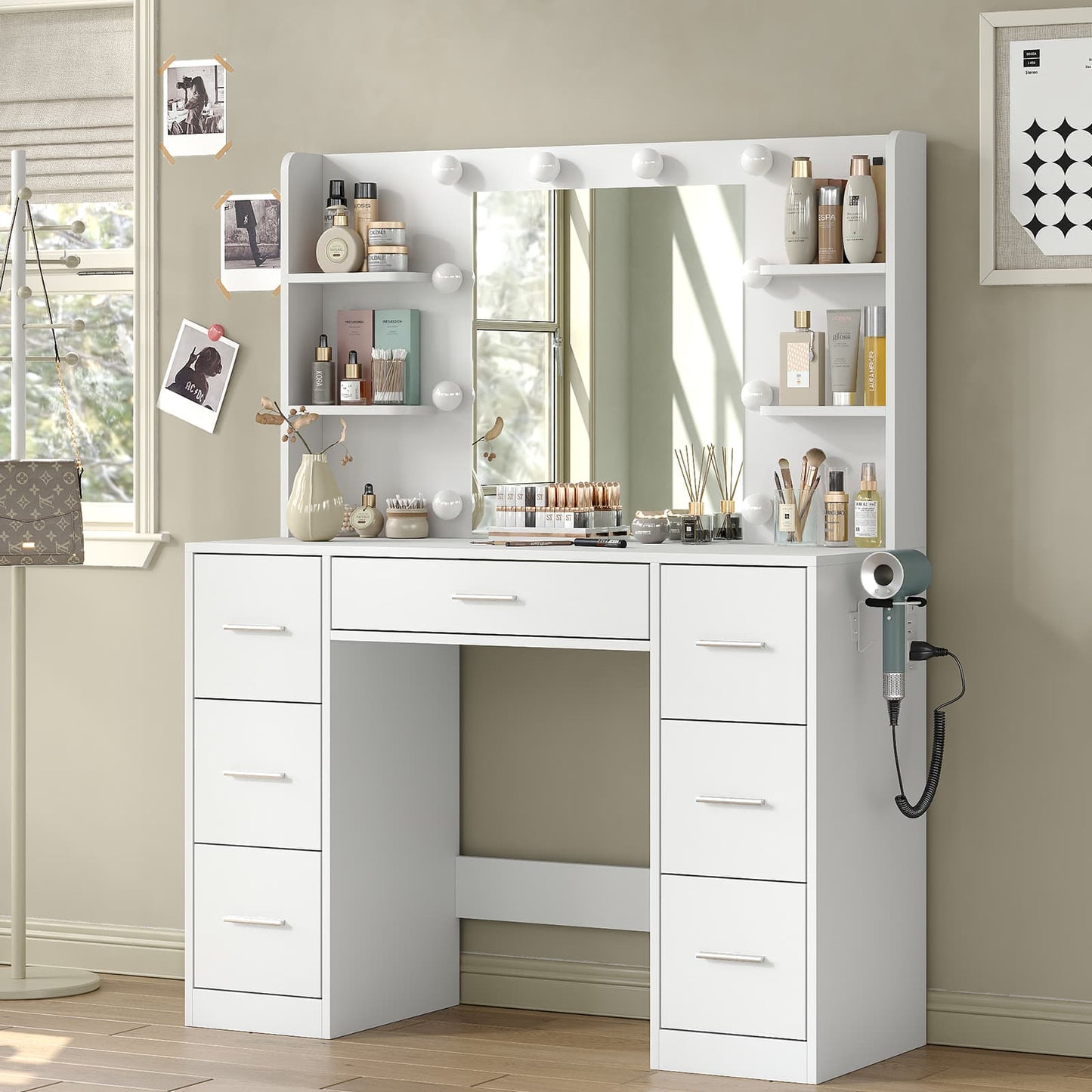 Yanosaku VD024 Vanity Desk with Mirror, LED Lights & Charging Station, 7 Drawers Storage-4