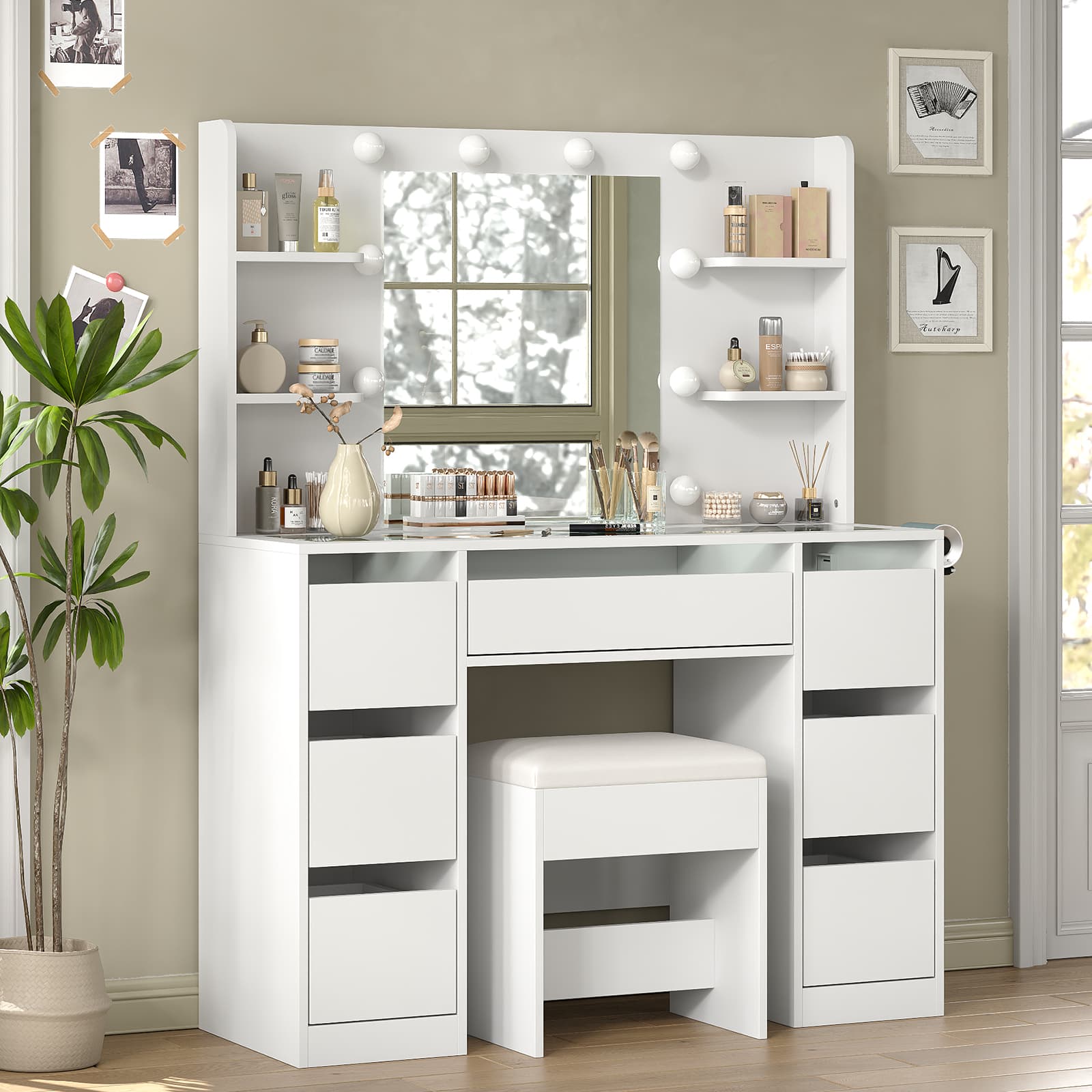 Yanosaku VD027 Vanity Desk with Mirror, 10 LED Lights, 7 Drawers & Charging Station-3