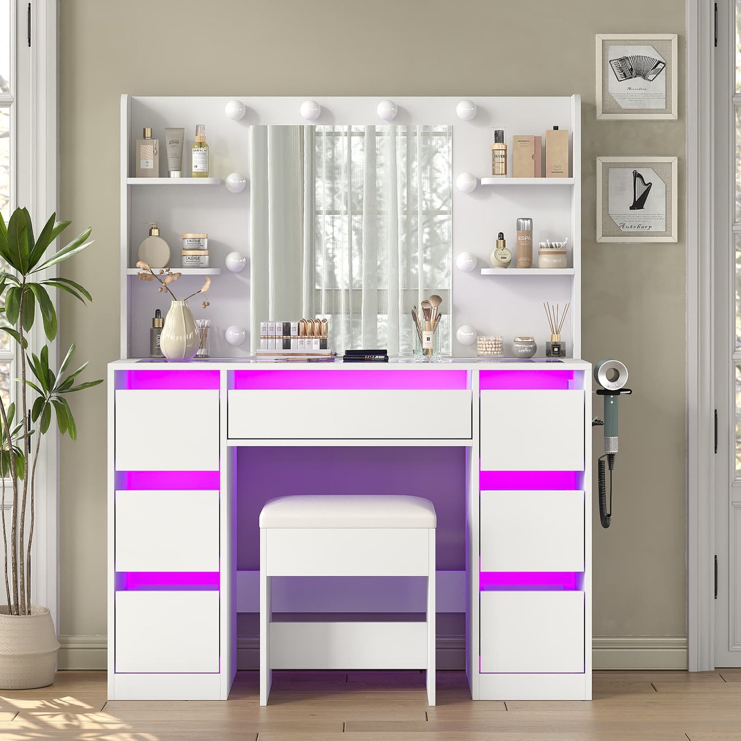 Yanosaku VD027 Vanity Desk with Mirror, 10 LED Lights, 7 Drawers & Charging Station-2