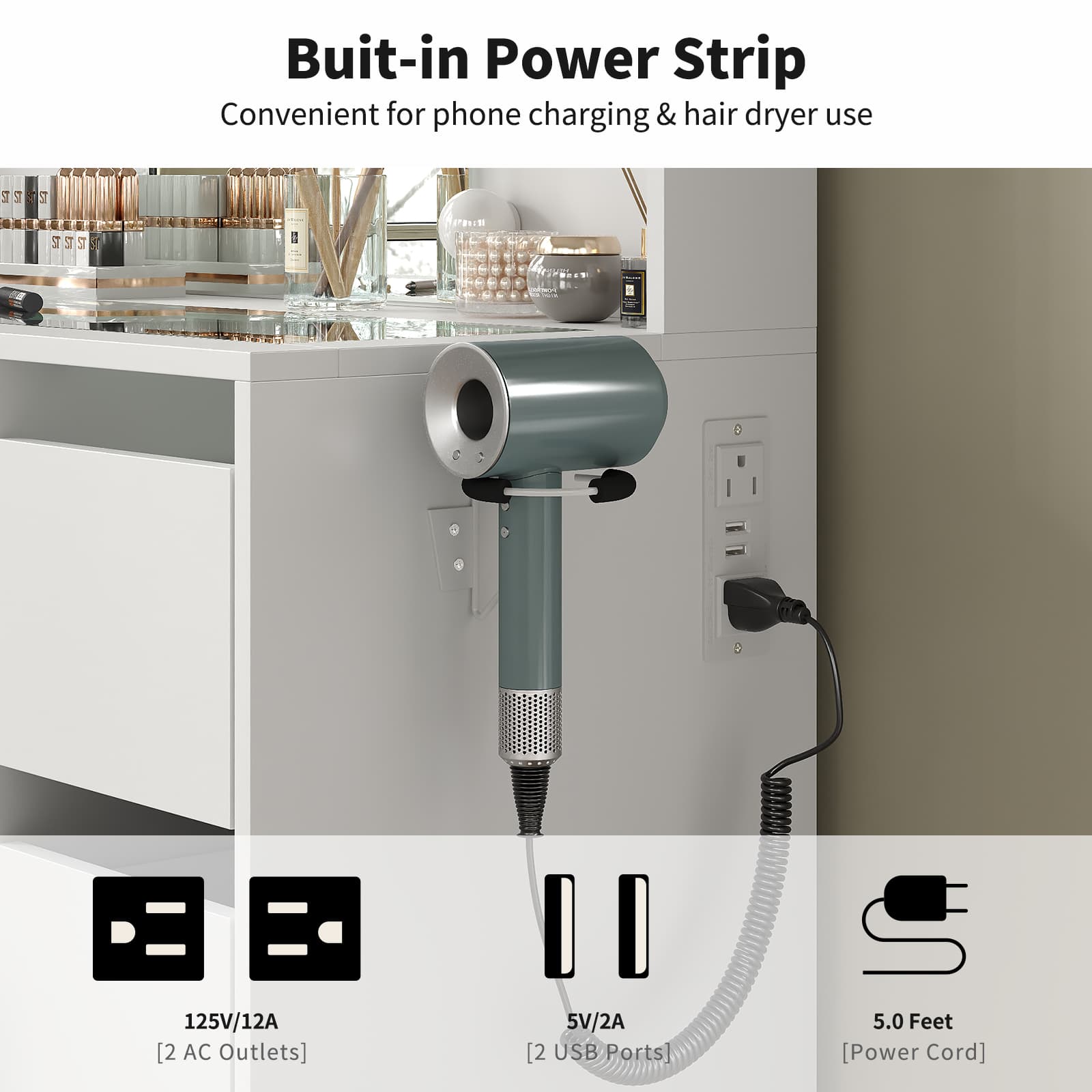 Yanosaku VD027 Vanity Desk with Mirror, 10 LED Lights, 7 Drawers & Charging Station-4