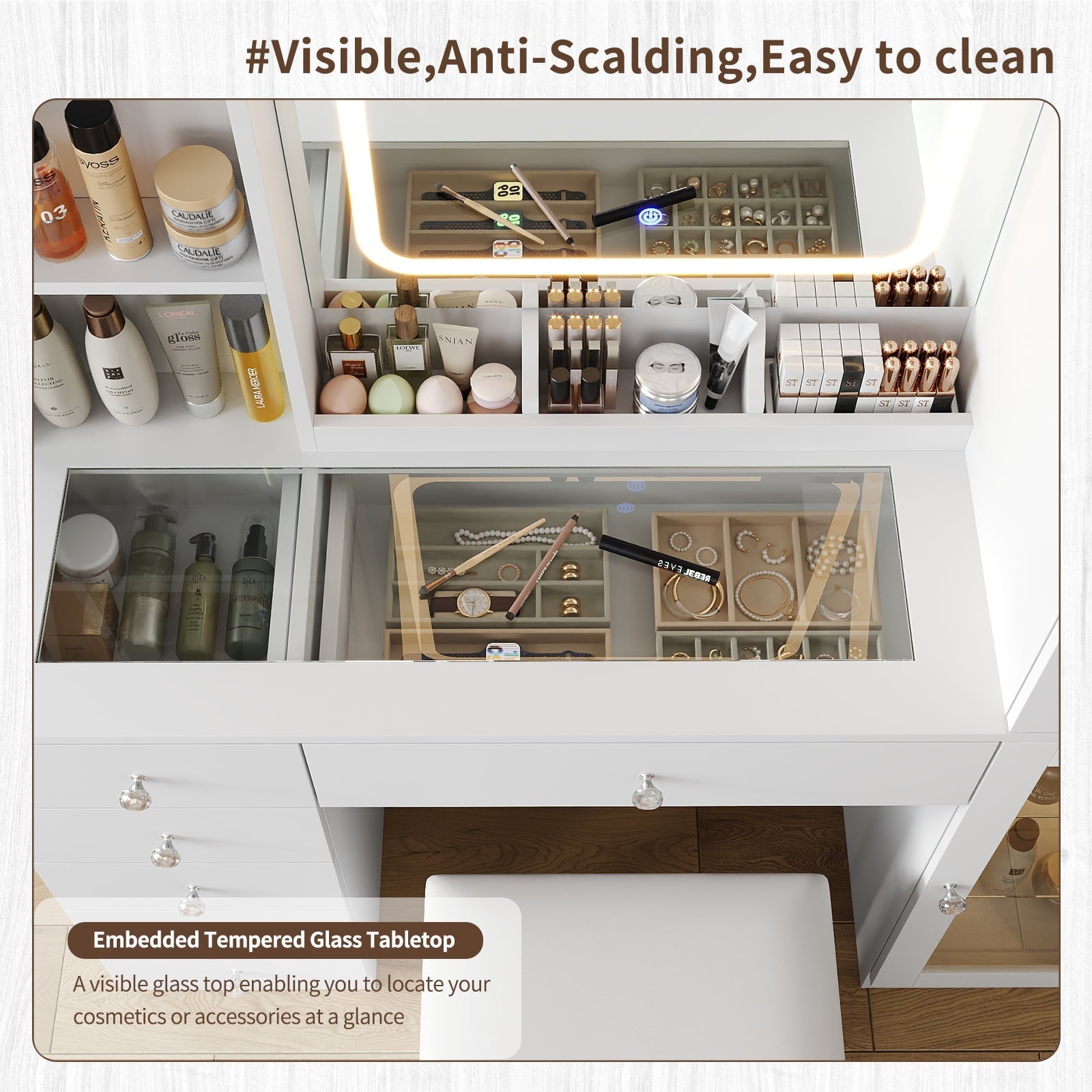 Yanosaku VD036 Bedroom Makeup Vanity desk with mirror, 6 Drawers-4