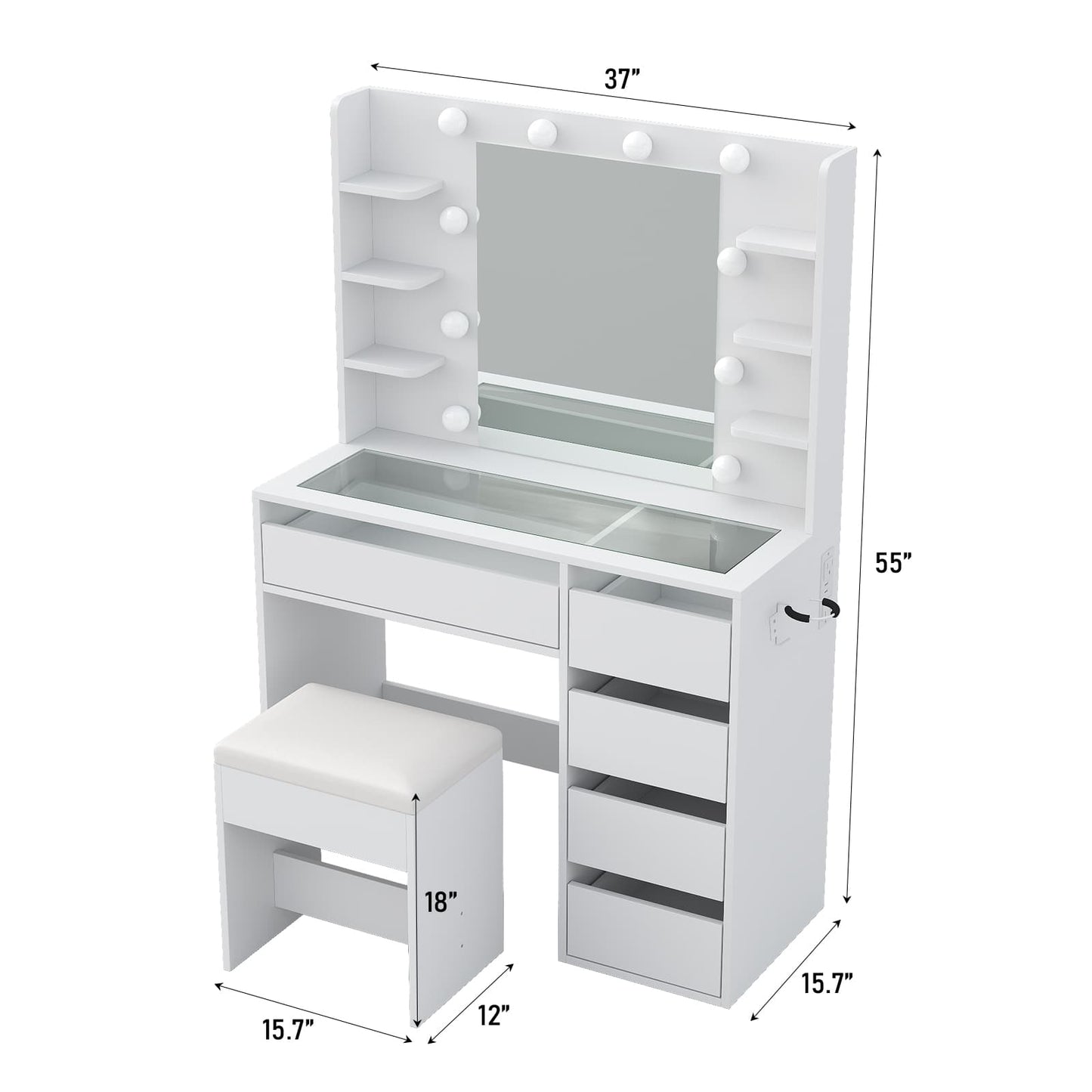 YanosakuVD025 Vanity Table with Mirror, 3 Lighting Modes, 5 Drawers & Glass Top-1
