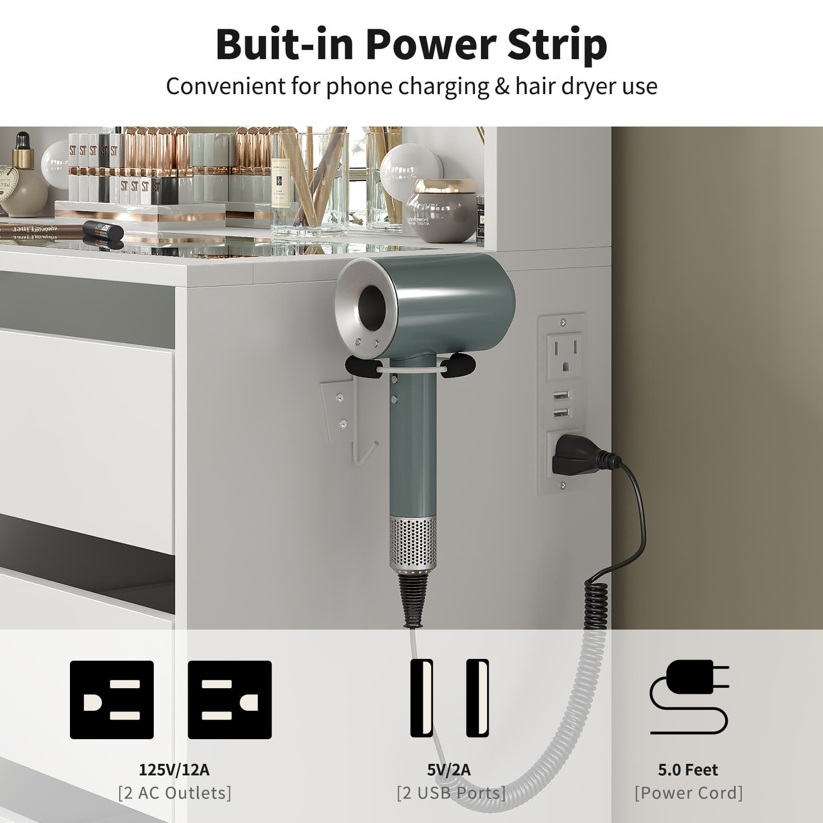 YanosakuVD025 Vanity Table with Mirror, 3 Lighting Modes, 5 Drawers & Glass Top-4